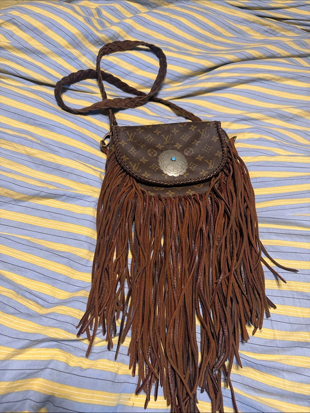 Vintage Boho Bags LV Brown Monogram Fringe Crossbody with Braided Strap